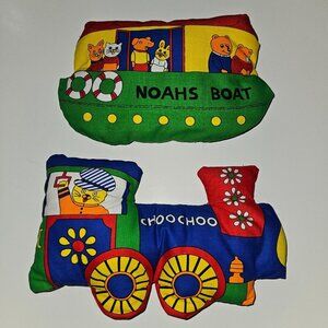 2 VTG Richard Scarry Plush Pillow Lot Nursery Decor Noah's Boat ChooChoo Train